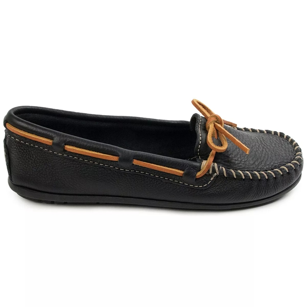 MINNETONKA Women's Leather Boat Moccasins Loafers Size 5 Black & Tan Slip Ons - Picture 2 of 7
